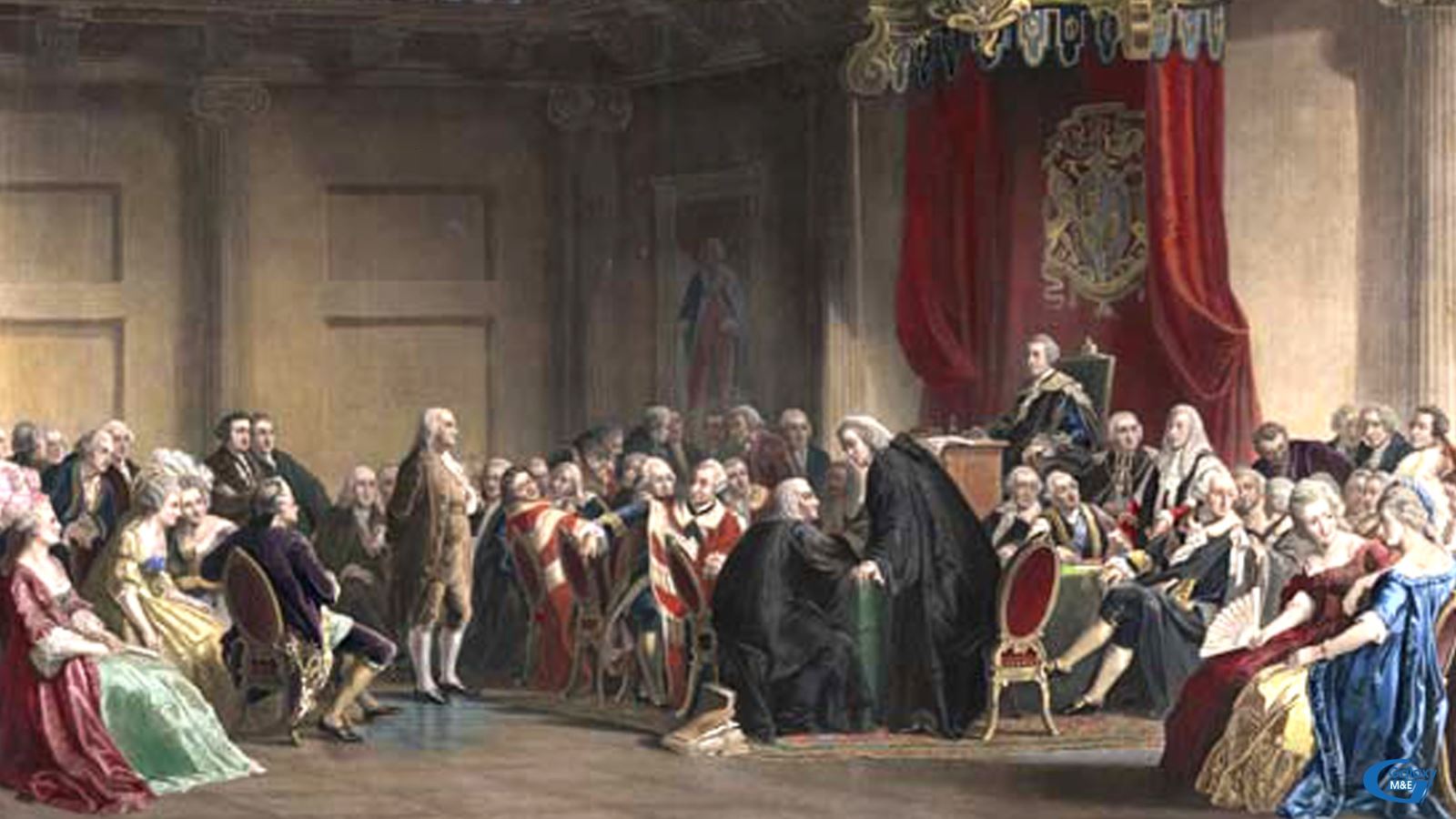 The painting depicts Benjamin Franklin in England in 1774. Before the American revolution broke out, he did his best to convince the British colonies.